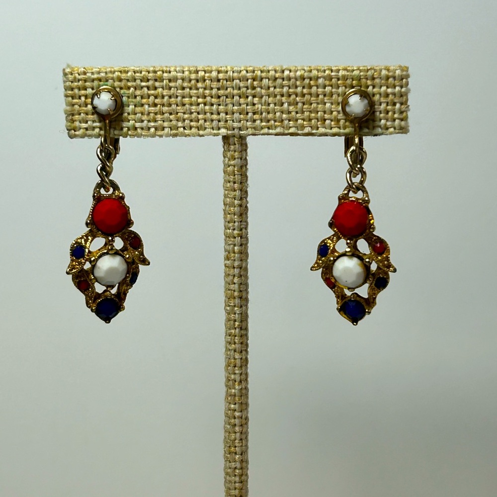 Vintage Gold Tone Red White Blue Clip-on Earrings